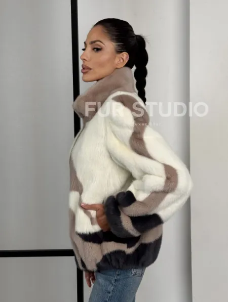 Норковый бомбер на молнии стойка воротник - фото 7