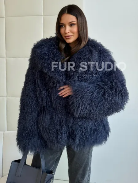 Шуба из ламы - цвет джинс - фото 2