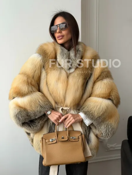 Шуба - пончо из лисы с поясом - фото 14