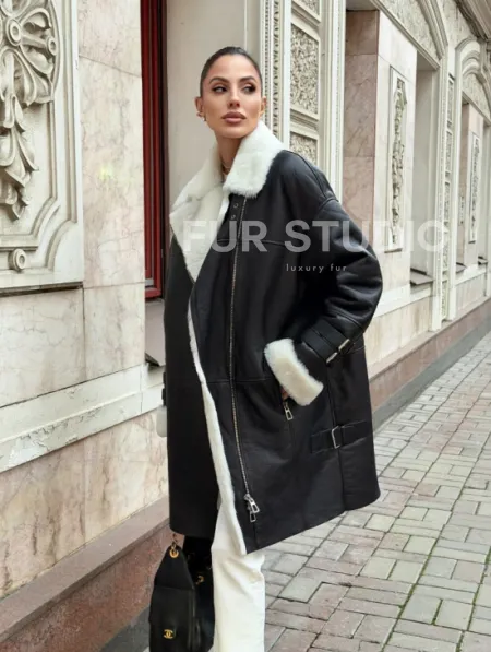 Дубленка авиатор длинная на белой овчине - фото 7