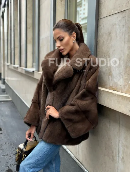 Норковый полушубок с английским воротником - цвет орех - фото 12