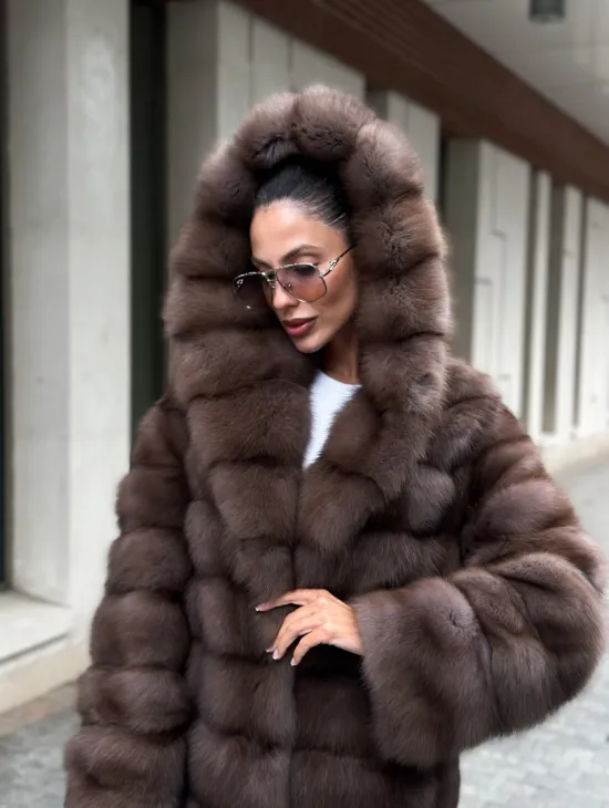 Шуба из меха куницы с капюшоном цвет трюфель - фото 3