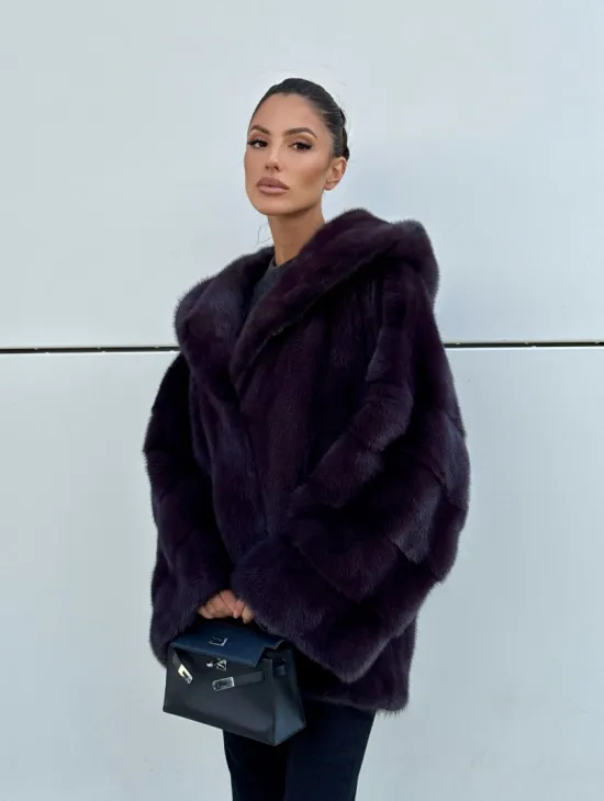 Норковый полушубок автоледи с капюшоном - цвет инжир - фото 7