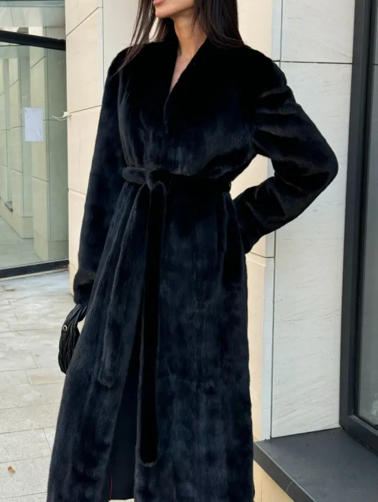 Шуба халат из аукционного меха норки, V-образный воротник с поясом - фото 2