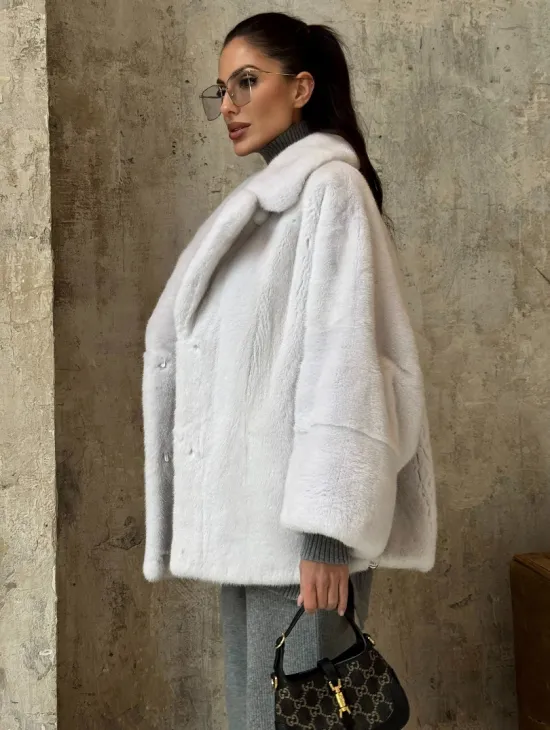 Шуба автоледи из импортной плюшевой норки White с английским воротником - фото 4