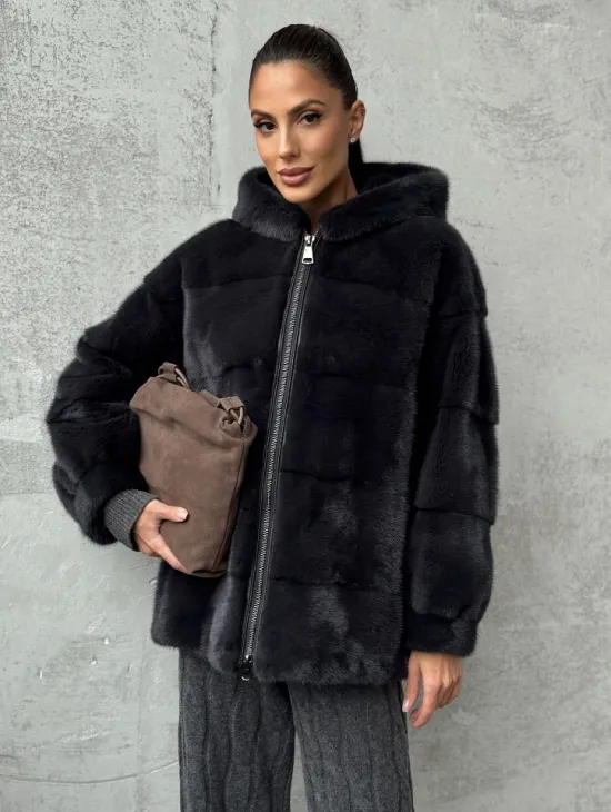 Норковый полушубок - куртка из меха норки с капюшоном графит - фото 0