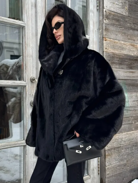 Черная зимняя шуба из меха норки Nafa mink с капюшоном - автоледи - фото 7