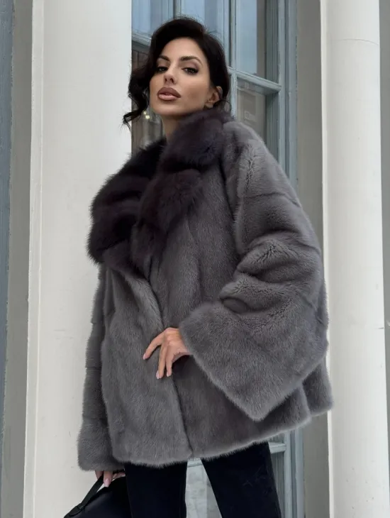 Автоледи шуба норковая с воротником из меха куницы - серый графит - фото 9