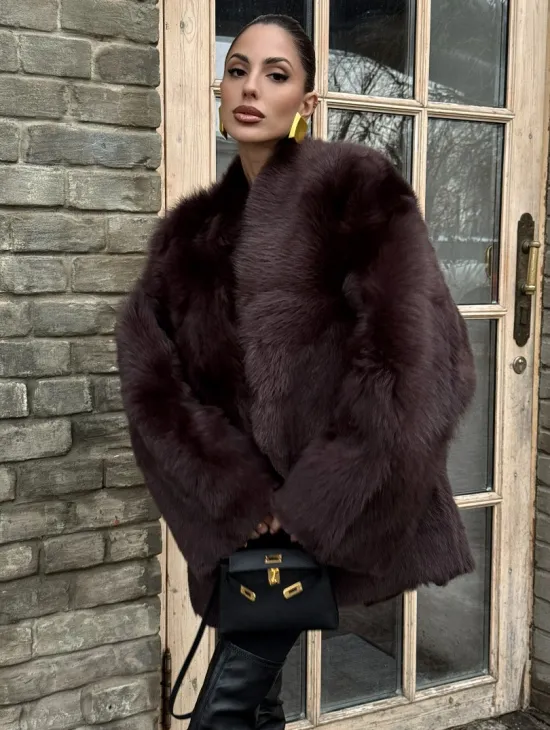 Двухсторонняя женская дубленка из итальянской тосканы Brown - фото 1