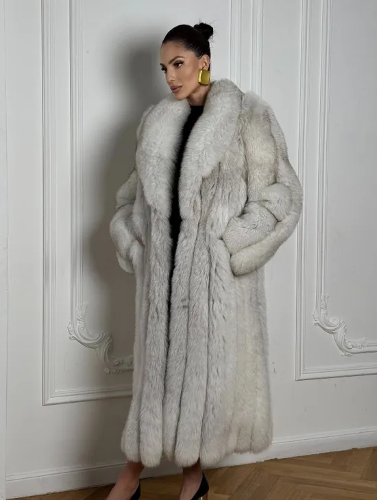 Длинная шуба из меха финского песца VINTAGE - колотый лёд - фото 6
