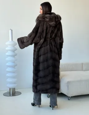 Длинная норковая шуба с капюшоном - графит - фото 9