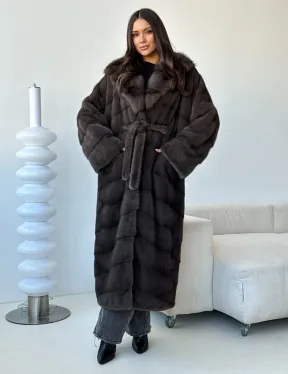 Длинная норковая шуба с капюшоном - графит - фото 10