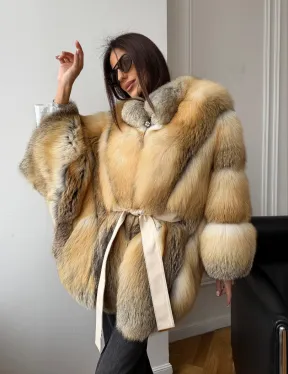 Шуба - пончо из лисы с поясом - фото 9