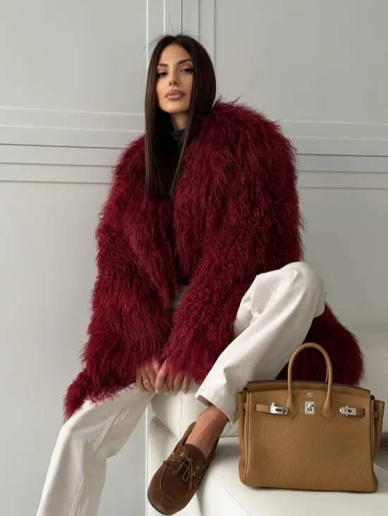 Шуба из ламы PREMIUM - бургунди - фото 12