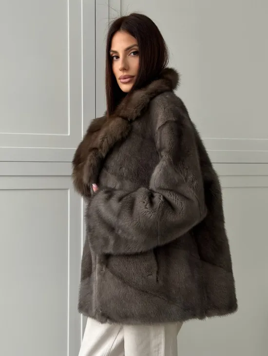 Шуба норковая автоледи - воротник куница (серый) - фото 4
