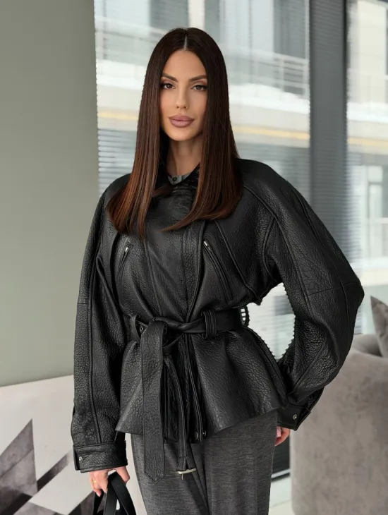 Куртка кожаная женская с поясом, винтажная - фото 0