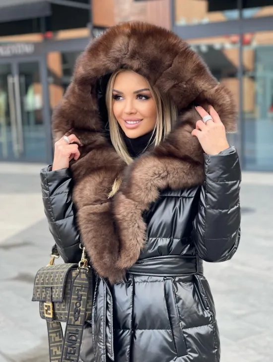 Пальто - пуховик с капюшоном из финского песца - фото 1