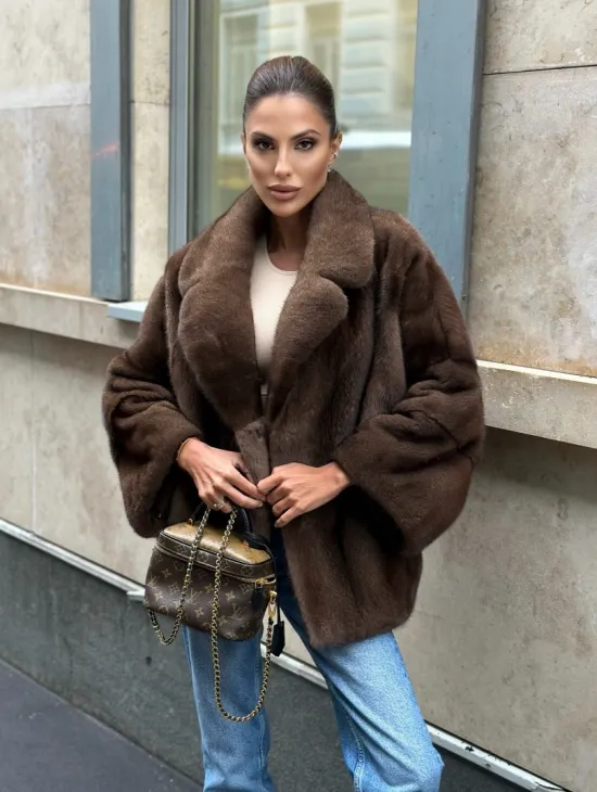 Норковый полушубок с английским воротником - цвет орех - фото 0