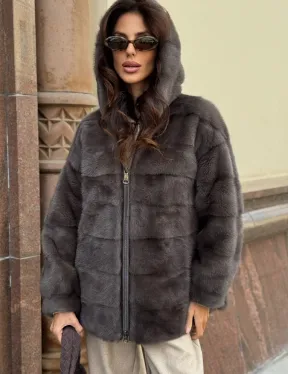 Бомбер из меха норки с капюшоном - цвет мокко - фото 2