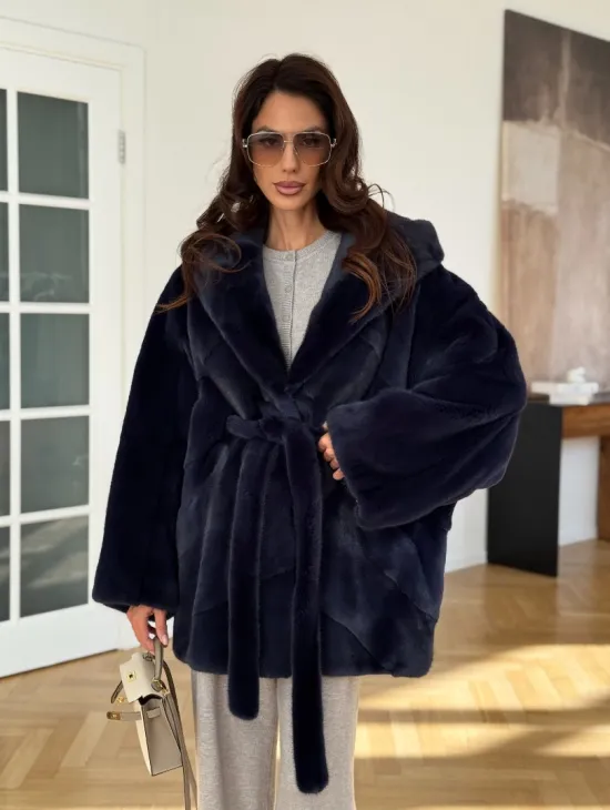 Шуба летучая мышь с капюшоном цвет аквамарин - паркетная раскладка - фото 8