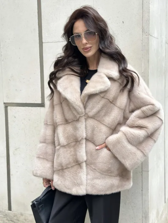 Шуба из меха норки английский воротник пудра - фото 0