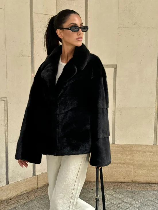 Полушубок из черной норки премиум аукциона - английский воротник - фото 5