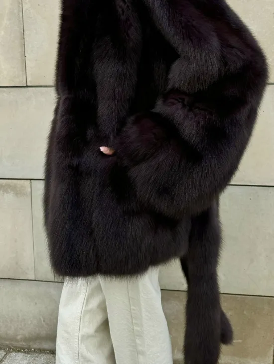 Шуба - жакет из меха куницы в цвете BURGUNDY - фото 1